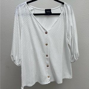 [W5] White V Neck 3/4 Length Sleeve Shirt